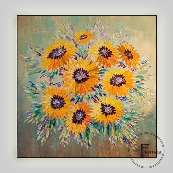 ひまわり オリジナル抽象画 キャンバスの油絵 花 壁アート モダン